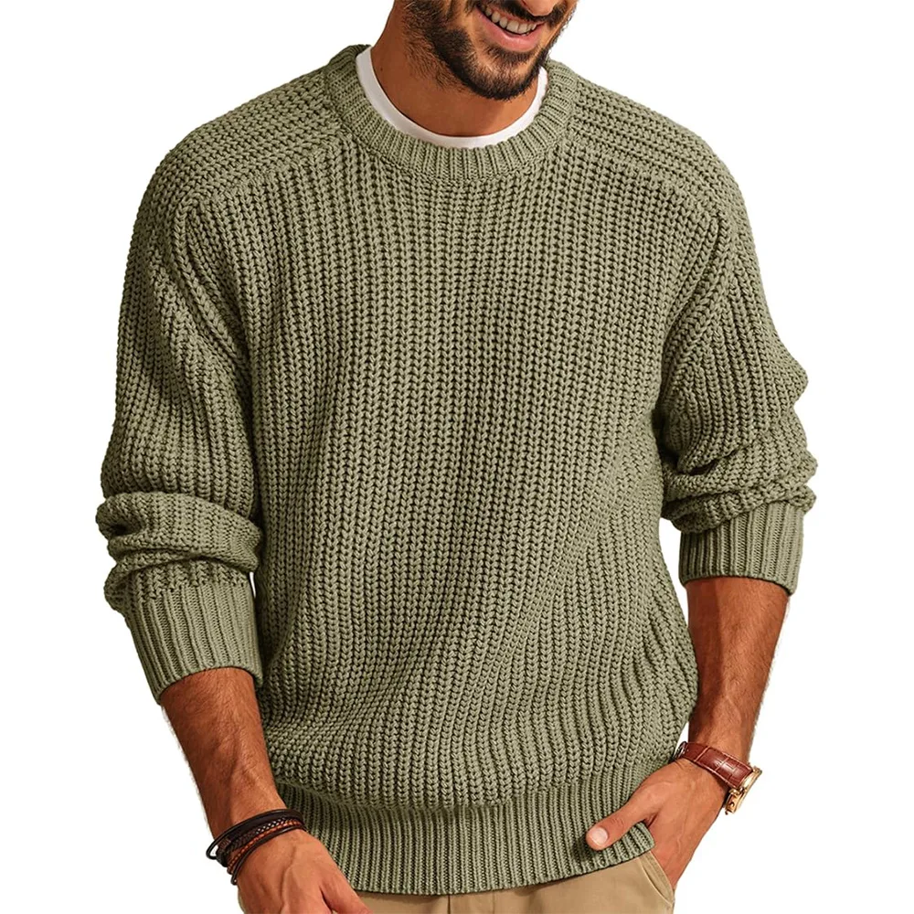 Men Round Neck Pullovers Vintage Solid Long Sleeve Jumpers Knit Sweater Loose Casual Basics Sweaters Autumn Winter 2025