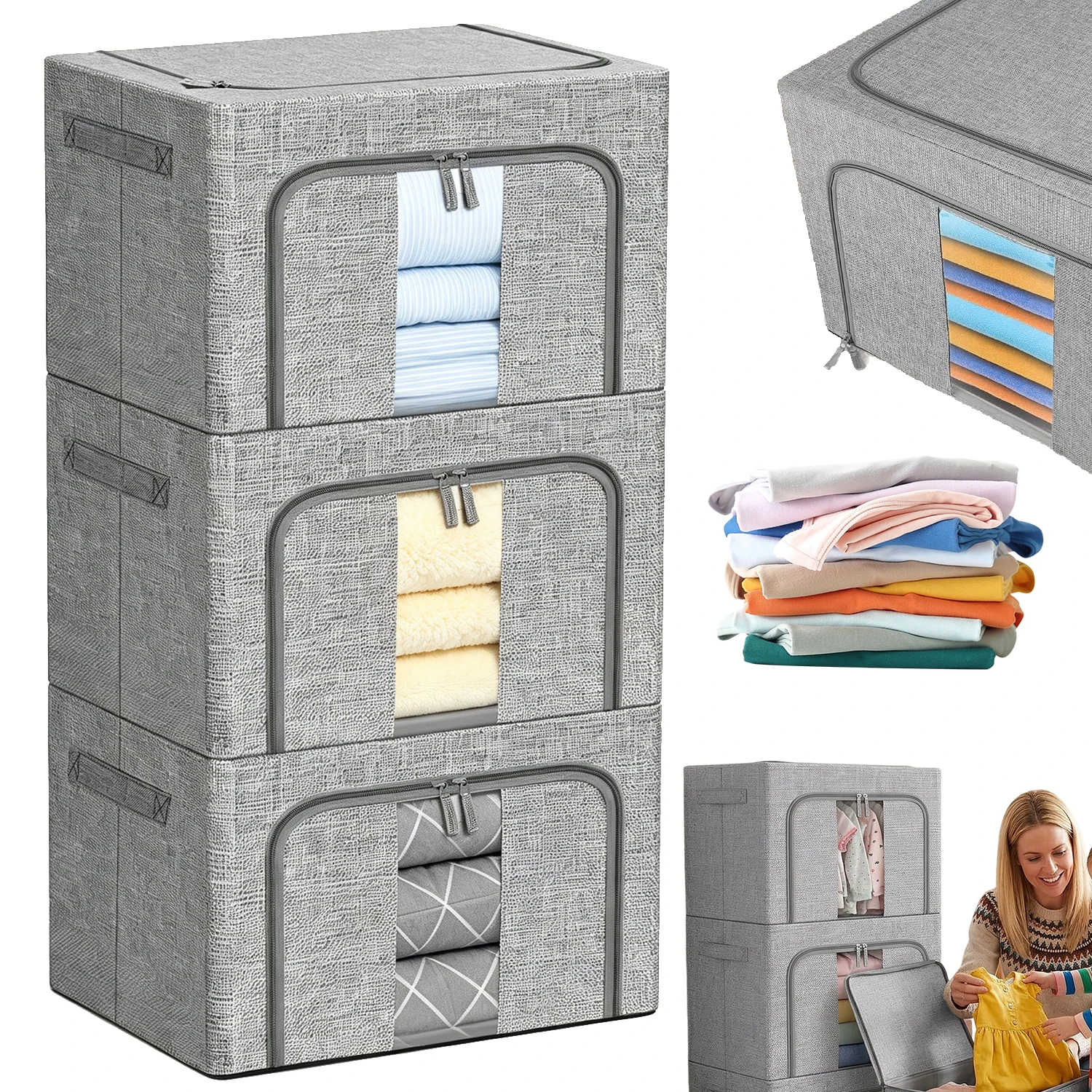 100L Faltbare Stoff-Aufbewahrungsbox mit großem Fassungsvermögen, verstärkter Metallrahmen hält die Form, Stoff im Leinen-Look mit Reißverschluss und transparentem Fenster, Kleiderschrank-Organizer