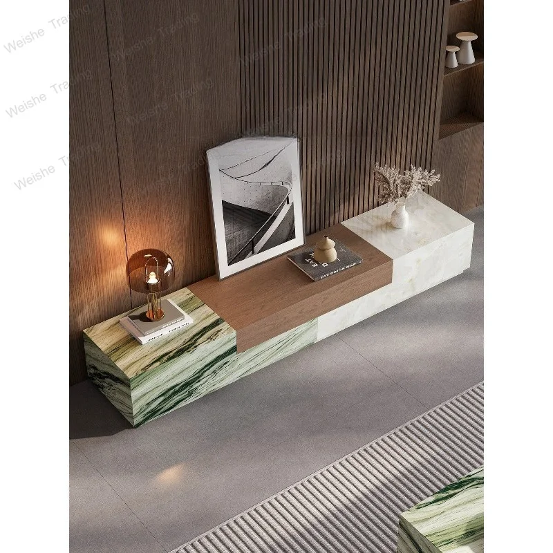 Italian light luxury stone TV cabinet living room home wood grain color matching TV cabinet