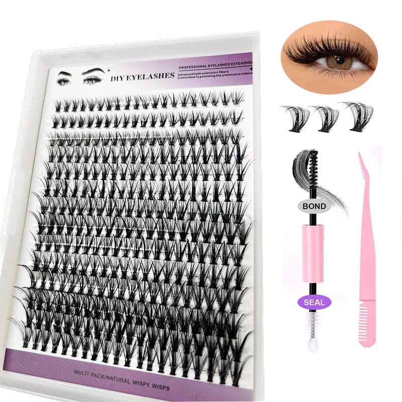 Hot Sales False Eyelash Extension Kit Lashes Segment DIV 280 Pieces Lash Clusters With Tweezers Glue