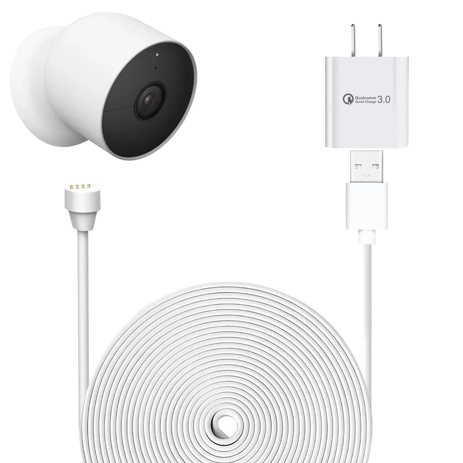 White 25ft/7.6m Weatherproof Charge Cable for Google Nest Cam camera (battery) outdoor with USB Port Fast Charger