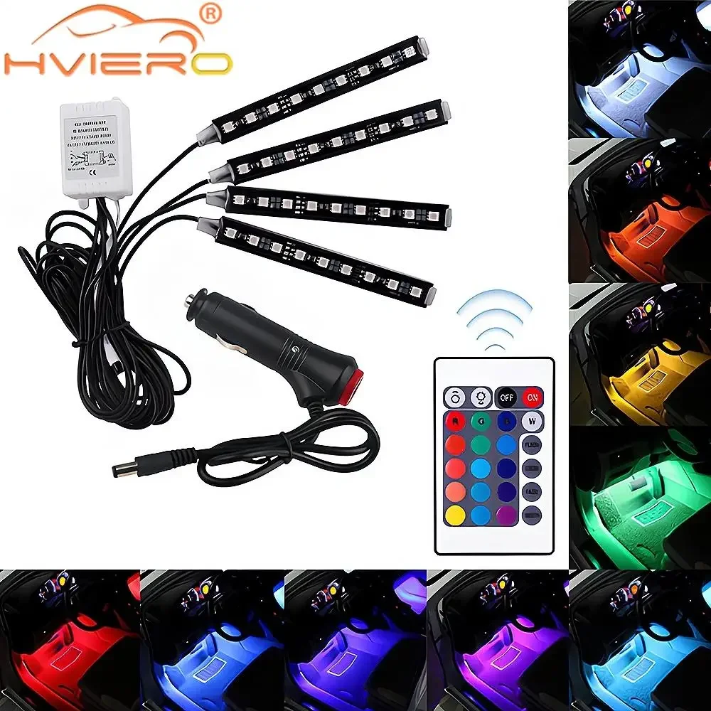 Car RGB 5050 9SMD Flexible Floor Foot Strip Lights Autos Remote Control Decorative Interior LED Dome Atmosphere Lamps Kit Tools