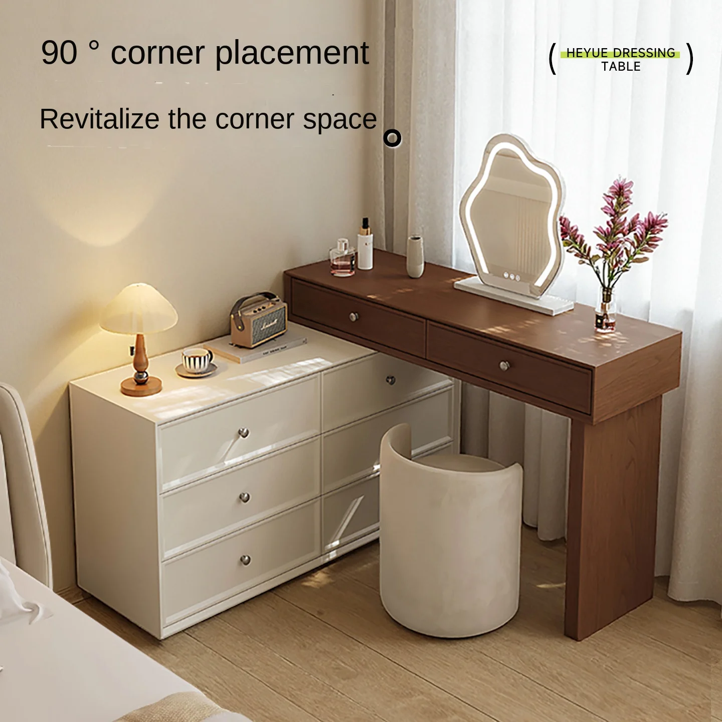 Wooden Cream Style Bedroom Dressing Table with Multi-Layer Panel Storage Cabinet Adjustable Desktop