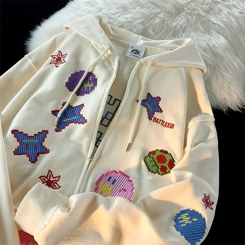 

WARM Sweatshirt Women Zip Up Oversized Retro Streetwear pixel pattern Printing Hoodies Punk Hooded Jackets Embroidery Y2k