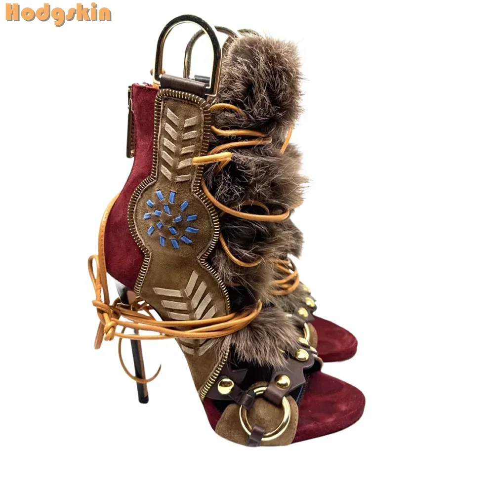 Patchwork Suede Faux Fur Decor Sandals Retro Round Toe Metal Buckle Strappy Stilettos 2026 Summer Women Lace-up Shoes High Heels view 6
