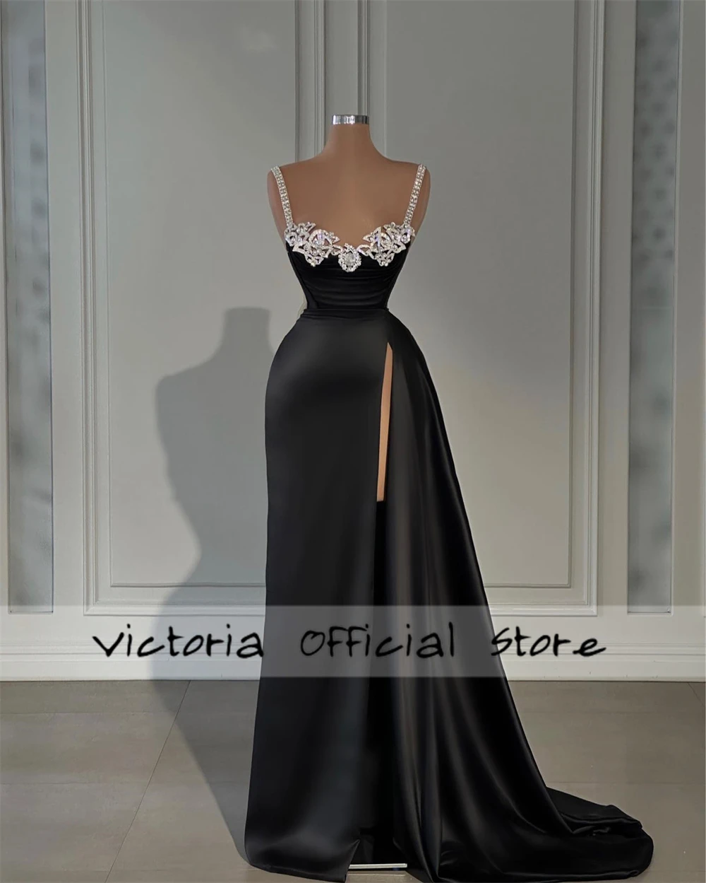 Elegante preto sereia dividir vestidos de noite cristais prateados espaguete árabe elegante vestidos de festa robes de soirée personalizado