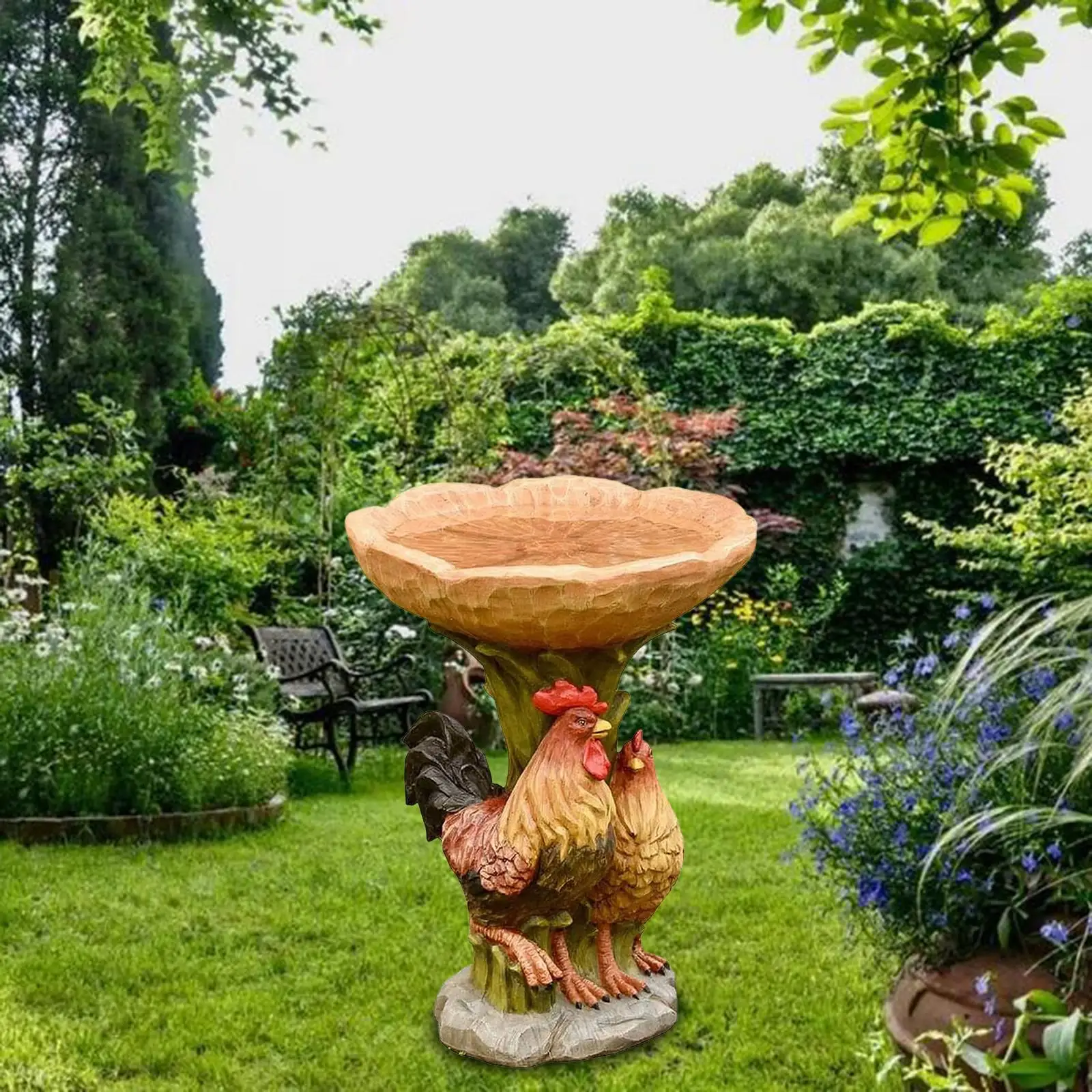 Garden Bird Bath Bowl Resin Feeder Lawn Feeding Station Rooster Statue Figurine Chicken Sculpture for Park,Porch,Railing,Deck