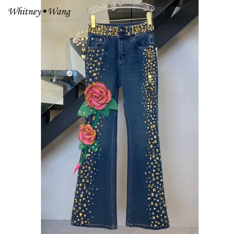 WHITNEY WANG Designer Style 2025 Spring Fashion Streetwear 3D Florals Rivet Beading Jeans Women Stylish Denim Pants