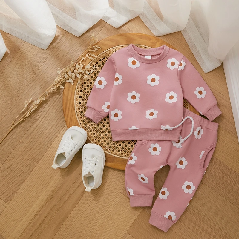 Autumn Toddler Kids Girls Clothes Sets Infant Casual Outfits Long Sleeve Floral Print Sweatshirt Tops Drawstring Pants 2PCS SUIT