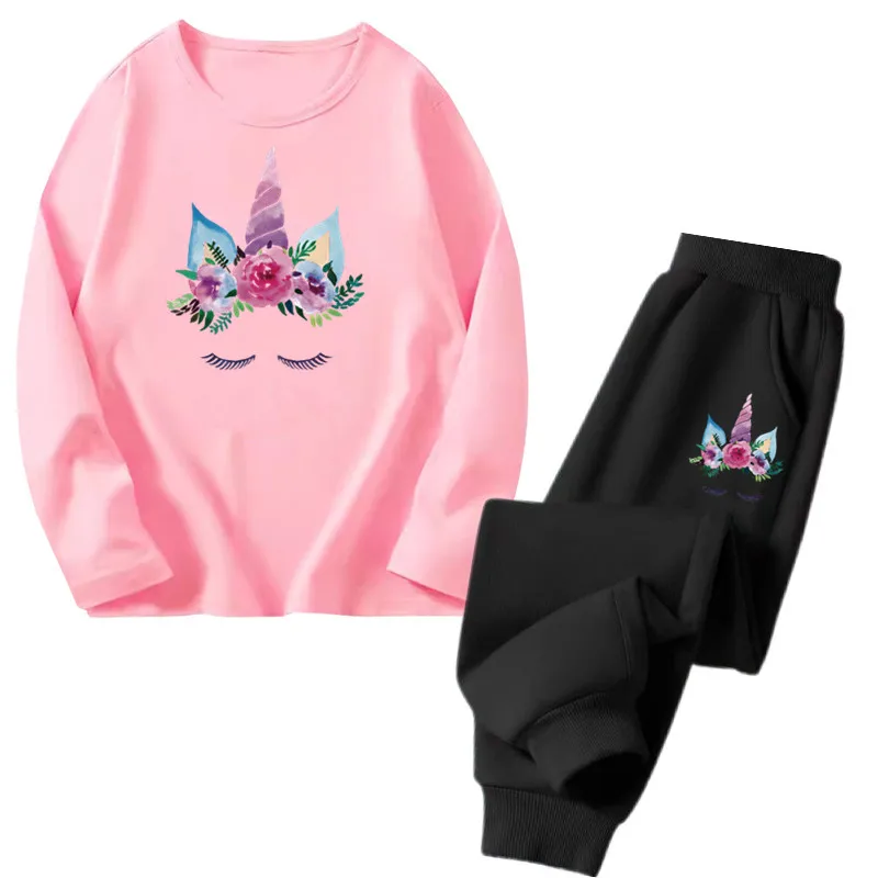 3-14years Kids Cartoon Clothing Sets Girls Long Sleeve Mermaid Unicorn T-shirt Tops + Pants 2pcs Outfits Fashion Tracksuits