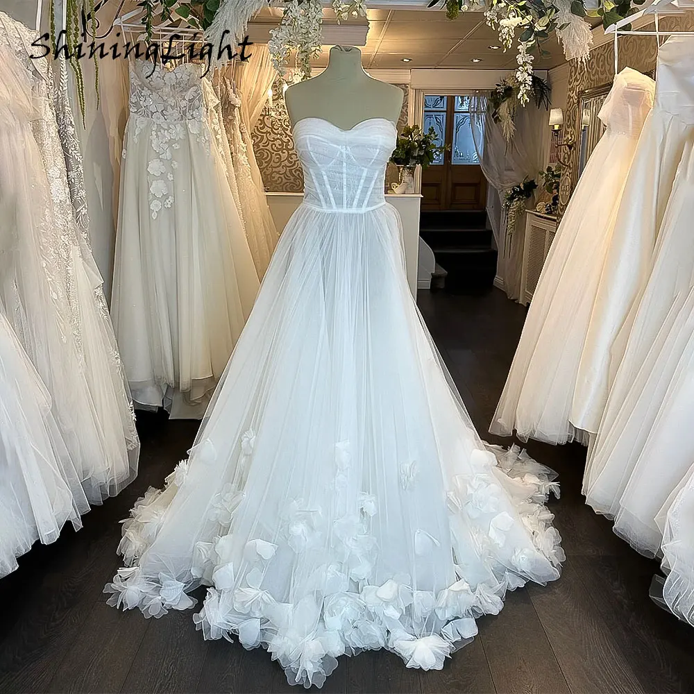 

ShiningLight Strapless Tulle A-Line Wedding Gowns Hand Made Flower Long Boho Bridal Wedding Dress Vestidos de Novia Customized