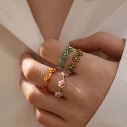 multi-colored Zircon Flower Rings for Women Stainless Steel Jewelry Female Summer Accessories Open Adjustable Couple Rings Gift