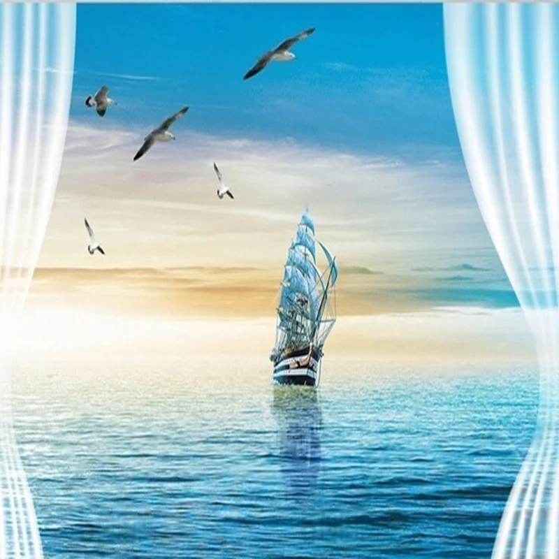 Modern watercolor oil painting sea sailboat wild goose TV luxurious home decoration background wall