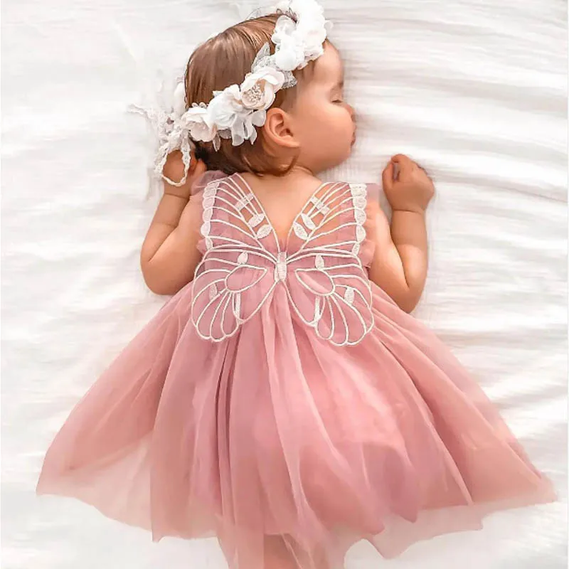 Summer 3D Angel Wings Fairy Princess Tulle Dress Birthday Strap Dress For Baby Girl Clothes Mesh Tutu Dresses Kid Party Costume