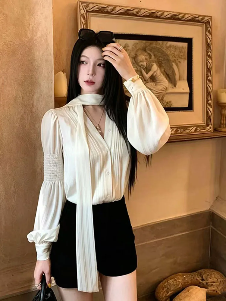 Autumn Chiffon Shirts for Women Y2K Korean Chic Loose Lace Up Tops Fashion Elegant Office Lady Puff Sleeve V-Neck Blouses