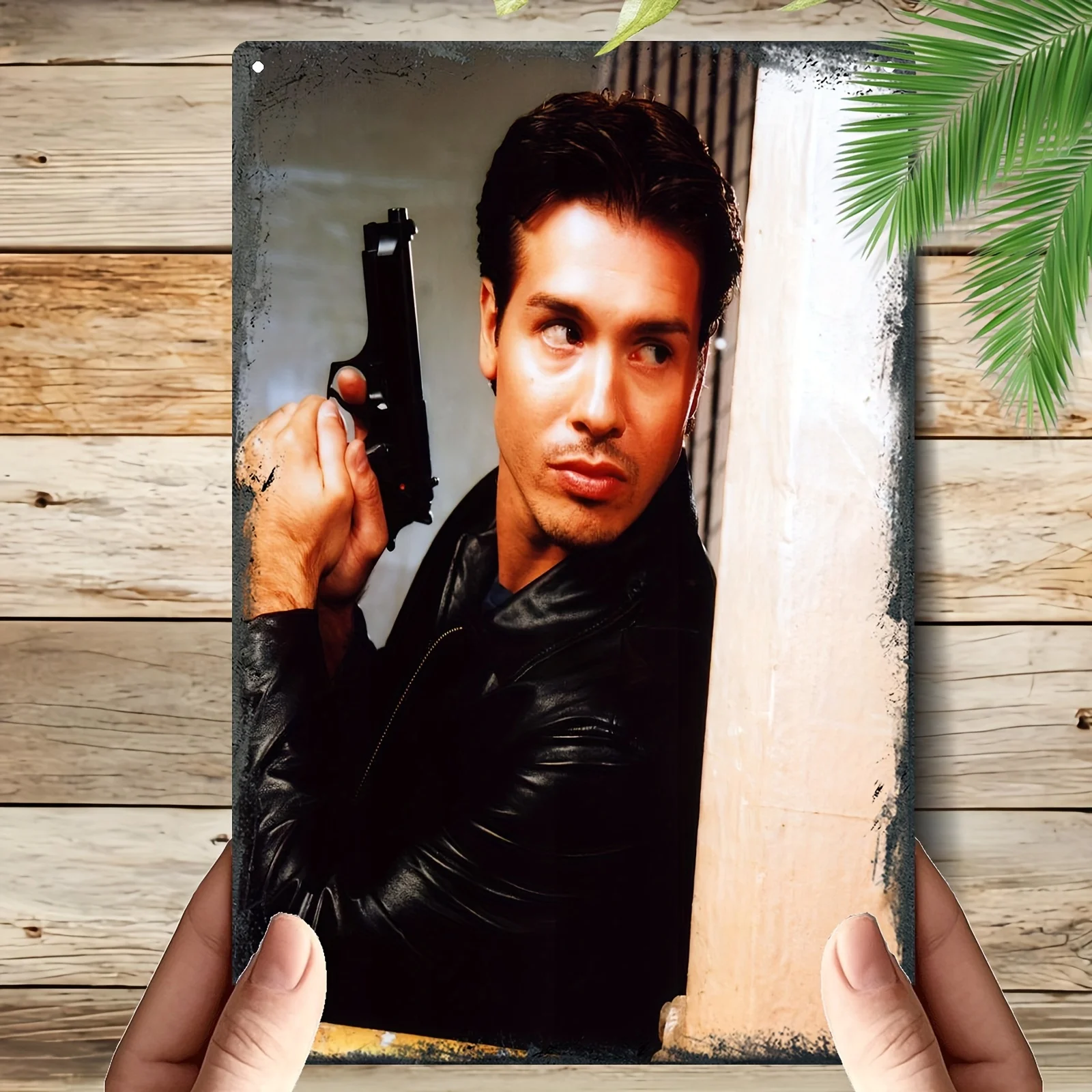 Vintage Metal Wall Art Plaque -  Retro Decorative Sign with Dramatic Man in Black Suit & Gun Design, Perfect for Home, Club, Ba