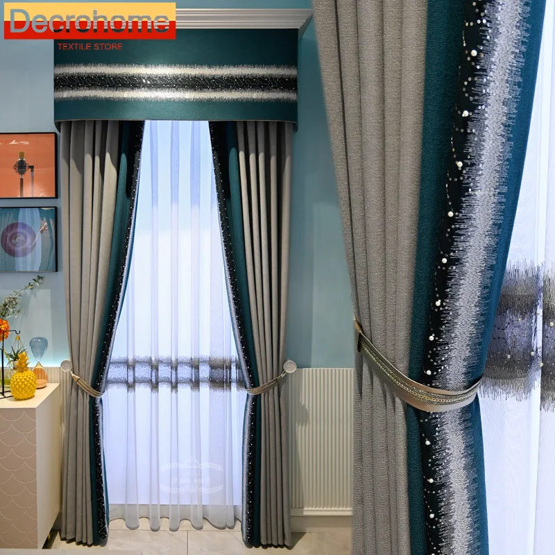 

New Dark Blue Beaded Jacquard Splicing Grey Thickened Curtains for Living Room Bedroom Balcony French Window Customized