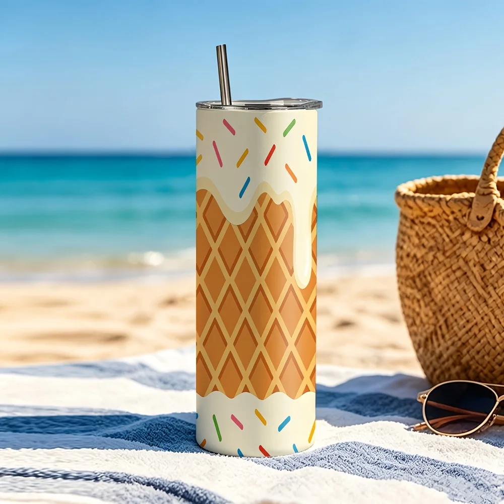 1pc/20oz/590ml/Double Wall Stainless Steel Insulated Skinny Tumbler with Straw And Lid,Outdoor Travel Coffee Mug,Waffle Pattern with Dripping Glaze And Colorful Sprinkles,Festive Gift Option,Warm Gifts for Family And Friends,Summer Party Gifts