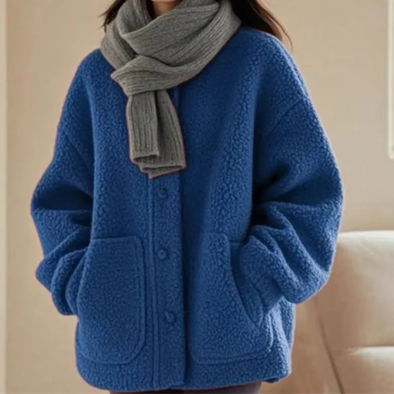 Autumn Winter Women Long Sleeves Jacket European Feminine Solid Color Particle Plush Outwear Ladies Fashion Loose Lamb Wool Coat