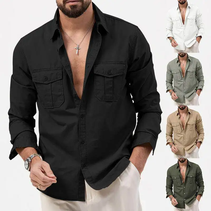 

Casual Long Sve Men's irt Multi-ket Ciwalk PU Material Cleanfit Collar Deformable Easy Wear Summer Faion