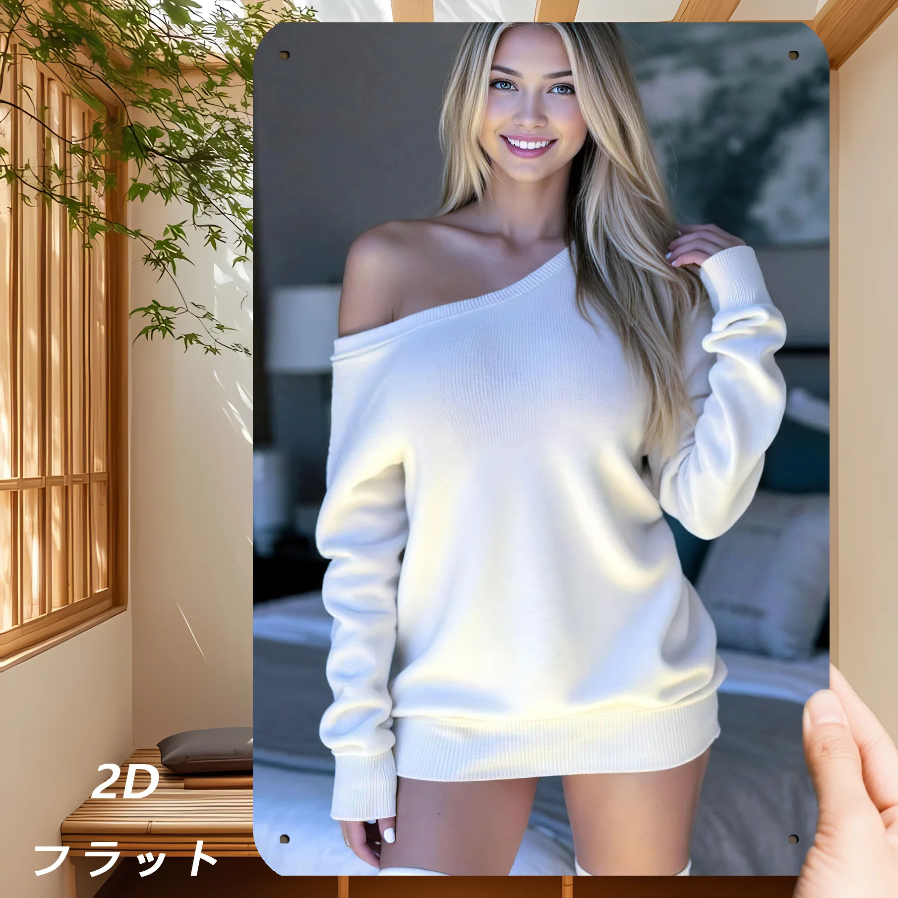 （2D Tin painting）HD Metal Tin Sign Gorgeous Blonde Woman in White Off-Shoulder Oversized Sweater Posing on Bed Vintage Wall A