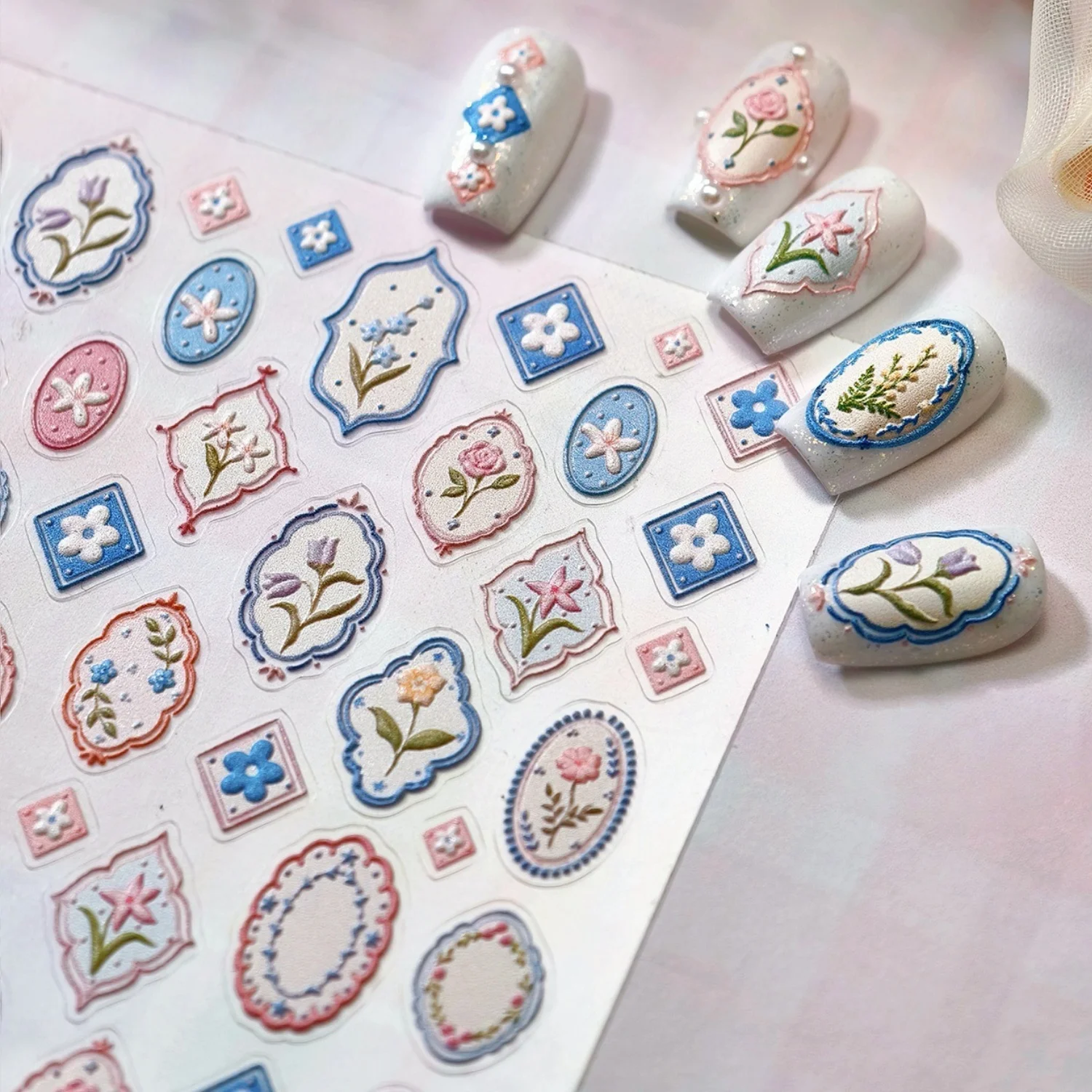 Colourful Flower Bowknot Cherry Rose Daisy Garden Retro Photo Frame Heart Reliefs Self Adhesive Nail Art Sticker Manicure Decals