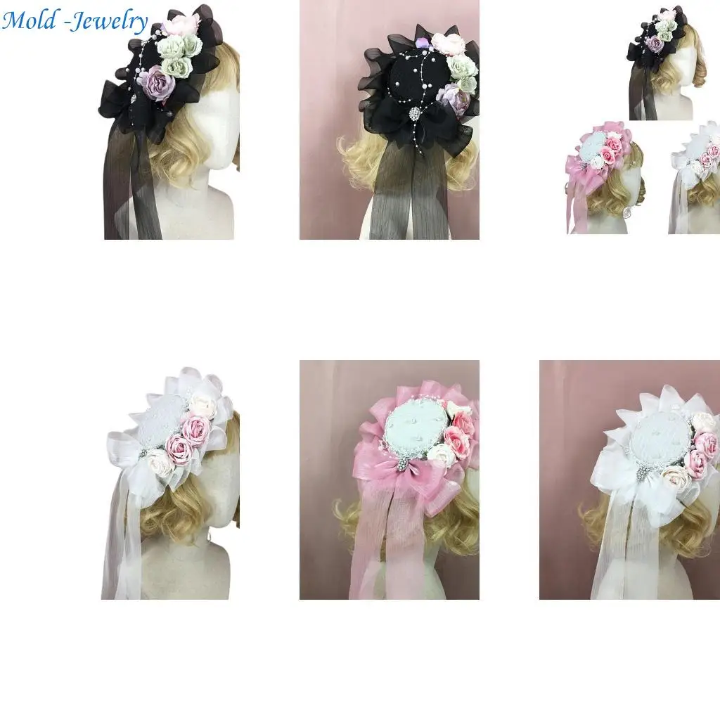 

69HB Artificial Flower Mesh Plat Top Hat reffled Lace Fauxearge Beading лента Bowknot Vintage Tea Party Свадебная крышка