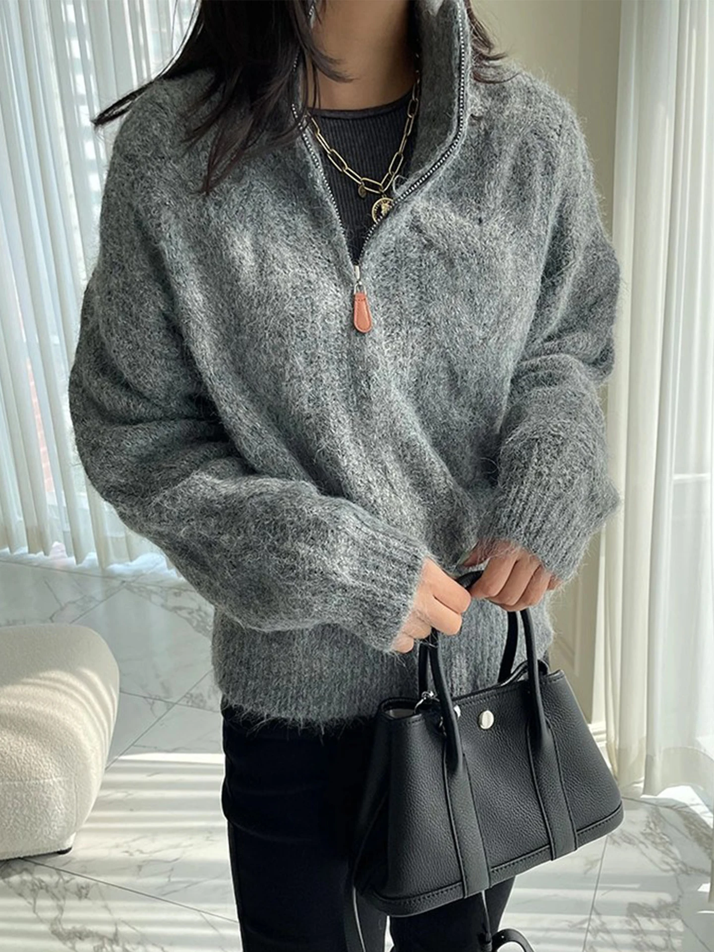 المرأة عالية الياقة مزدوجة سستة محبوك سترة معطف لينة شتاء دافئ جديد Sle الدانتيل نمط طويل Sve سترة أعلى #5