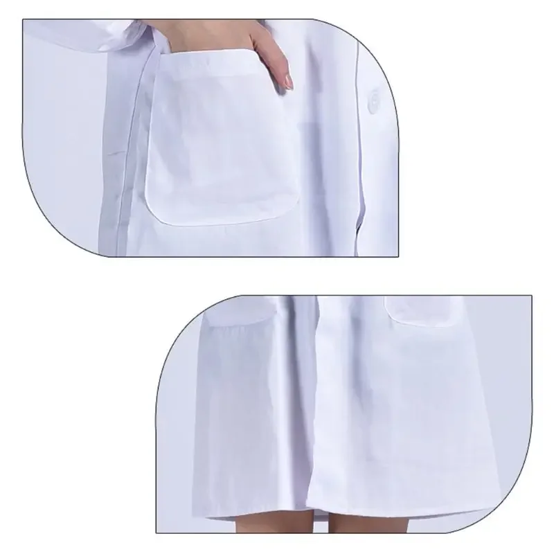 Bata de laboratorio blanca de manga larga Unisex, cuello de solapa con muescas, botón hacia abajo, uniforme de médico y enfermera, blusa con bolsillo