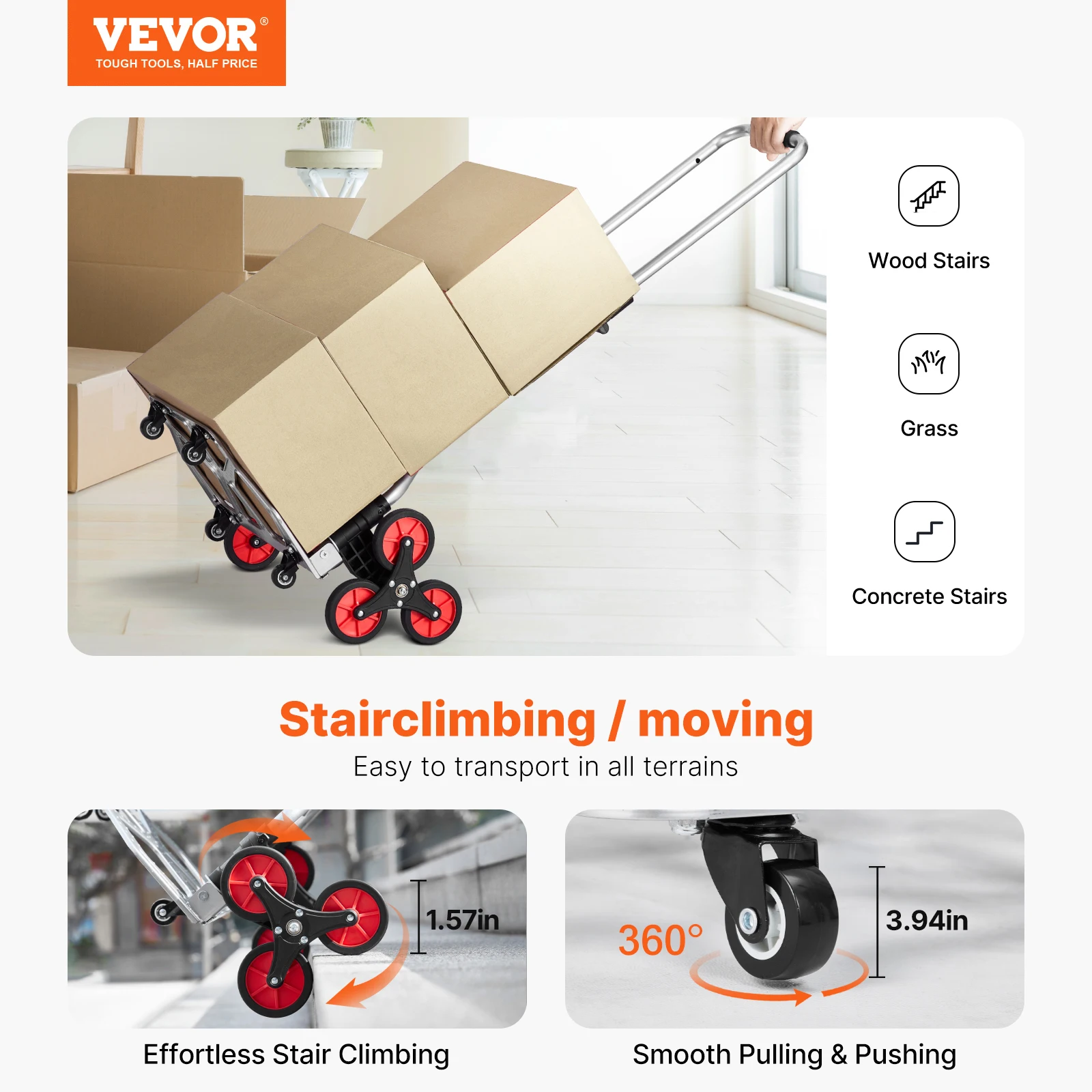 VEVOR 260lbs Folding Hand Truck with Telescoping Handle & 2 Elastic Ropes Stair Climbing Cart Dolly for Warehouse Moving