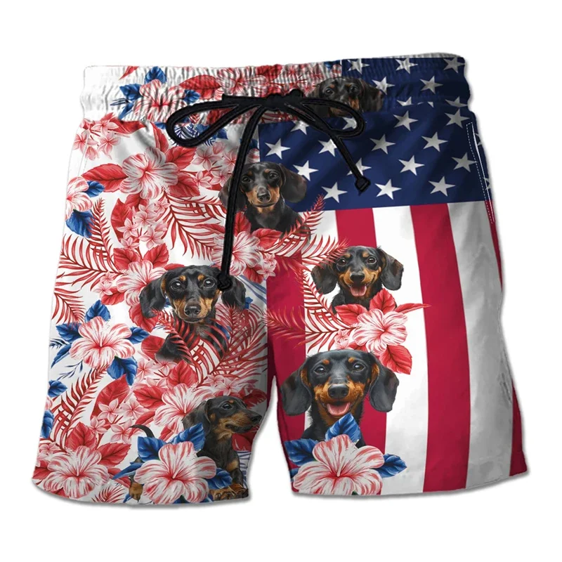 3D Printed Cute Dachshund Short Pants For Men American Flag Pattern Beach Shorts Summer Hawaiian Vacation Loose Surf Swim Trunks