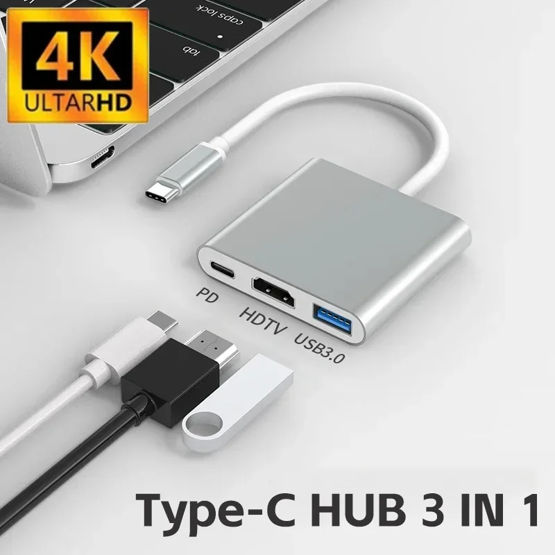 

Type-C to HDTV-Compatible Adapter with USB 3.0 Charging Ports USB C 3 in 1 Dock Station Splitter for Laptop Macbook Air Pro