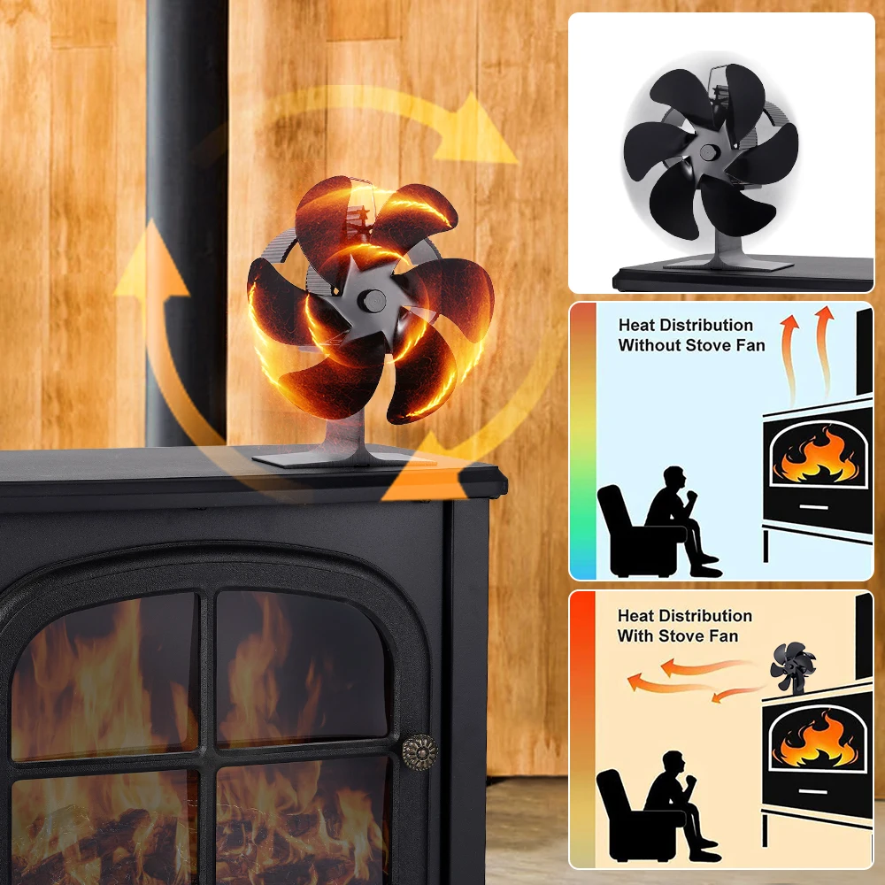 6 Blades Heat Powered Stove Fan Log Wood Burner Outdoor Ice Fishing Wood Stove Fan Eco-fan Home Efficient Heat Distribution