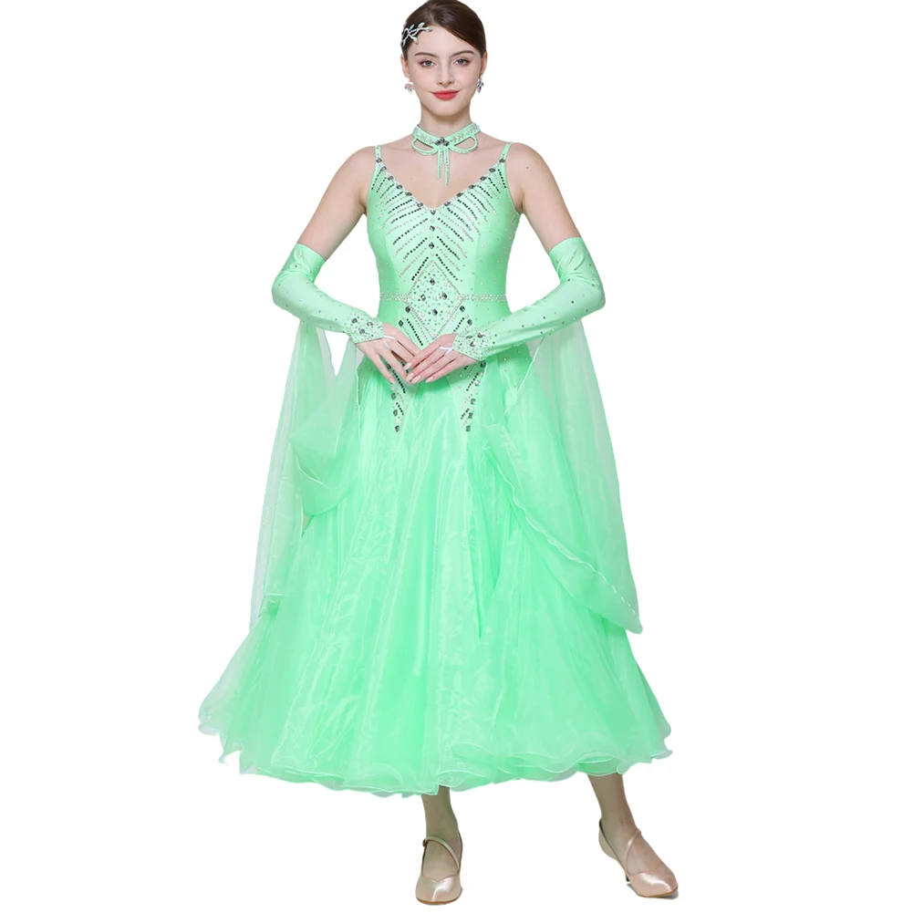 왈츠 볼룸 드레스 경쟁 핑크 라이트 퍼플 스트랩 볼룸 댄스 기질 라인 석 긴 소매 화이트 그린 v 넥