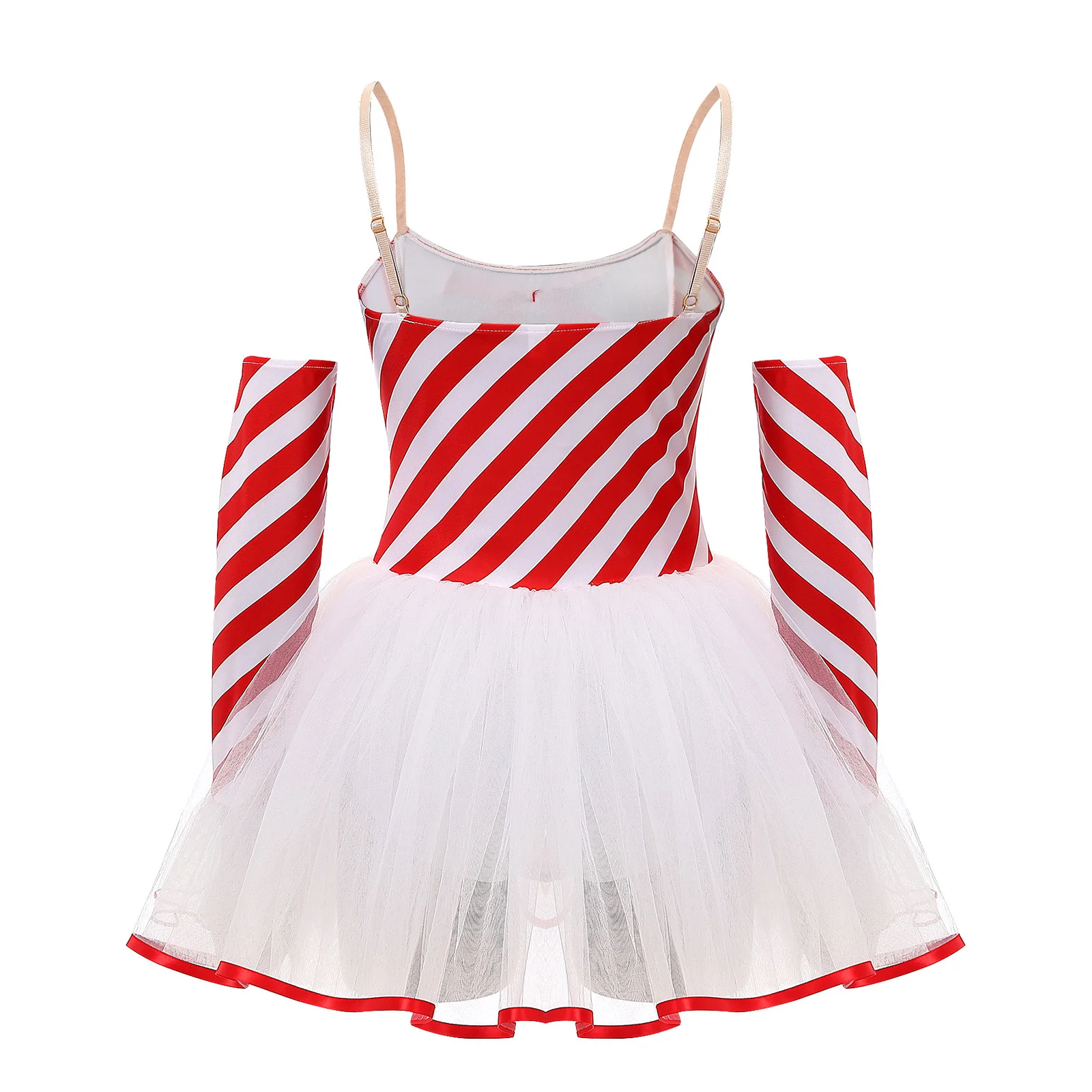 Christmas Womens Candy Cane Tutu Dress with Gloves Spaghetti Straps Bow Striped Tulle Sling Dresses Xmas Costumes Dress-up Party