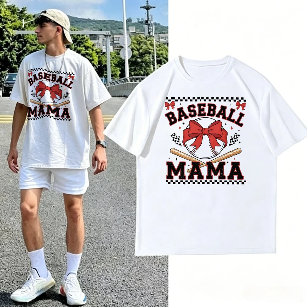 Baseball Mama Graphic T Shirt Unisex Oversized Loose Short Sleeve Tees Soft Cotton Checkered Bow Baseball Bat Print Game Day