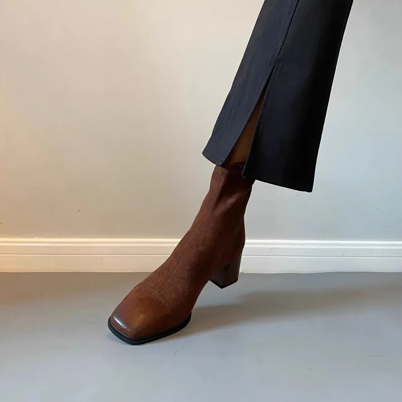 Vrouwen Pompen Dames Schoenen Herfst Winter Suède Slanke Bruine Dikke Hak Korte Franse Vierkante Neus Elastische Laarzen Hoge Middenhak Shoese