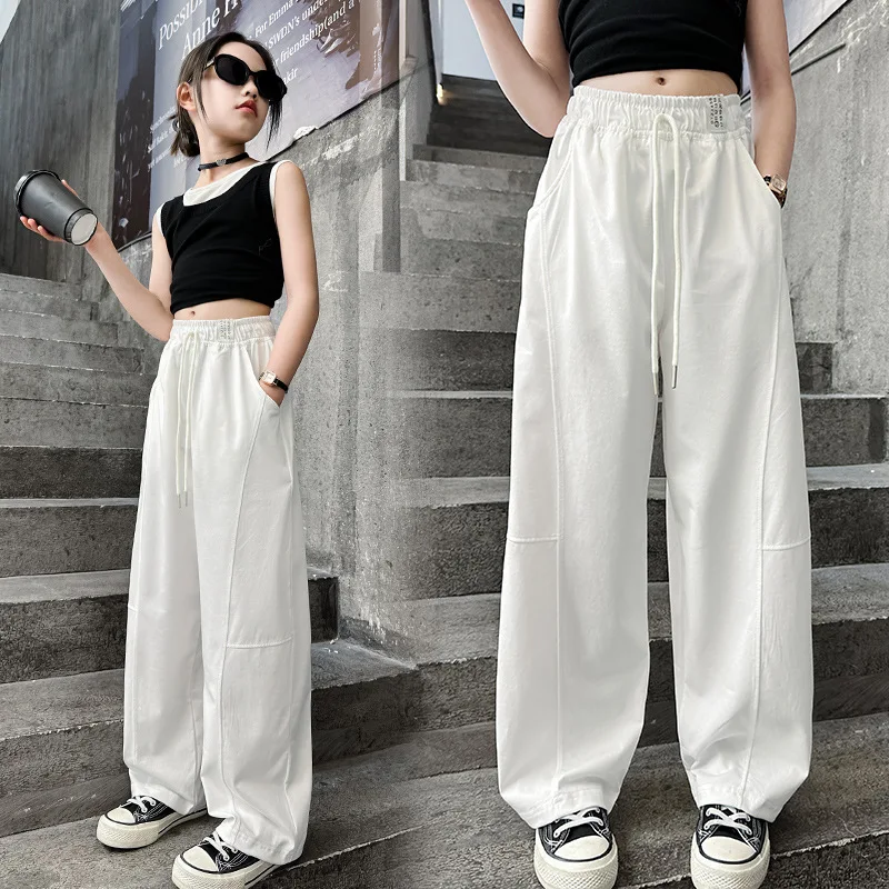 Girls Pants 2024 Summer New Childrens Lightweight Pendant Pant Medium and Large Children Fashionable Loose Wide-leg Pants