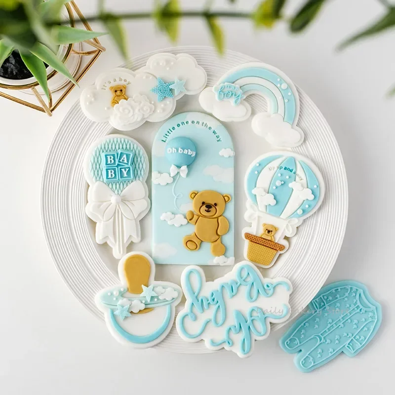 Cartoon Baby Shower Party Cookie Embosser Stamp Oh Baby Bear Cloud Hot Air Balloon Cookie Cutters and Embossers for Boy Birthday