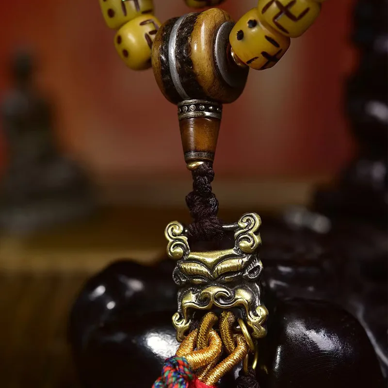 Tibetan Retro Yak Bone Carved Thousand-Character 108 Buddha Beads Necklace Glass Material Accessories