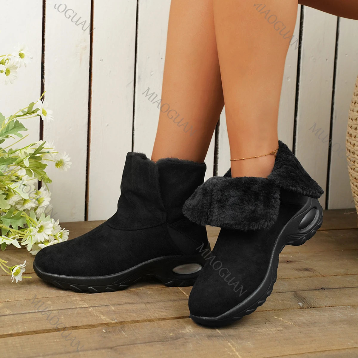 المرأة الشتاء أحذية الثلوج قصيرة أفخم الدافئة إسفين كعب الانزلاق على أحذية رياضية قصيرة Botines عادية فروي منصة عادية Bottes فام #3