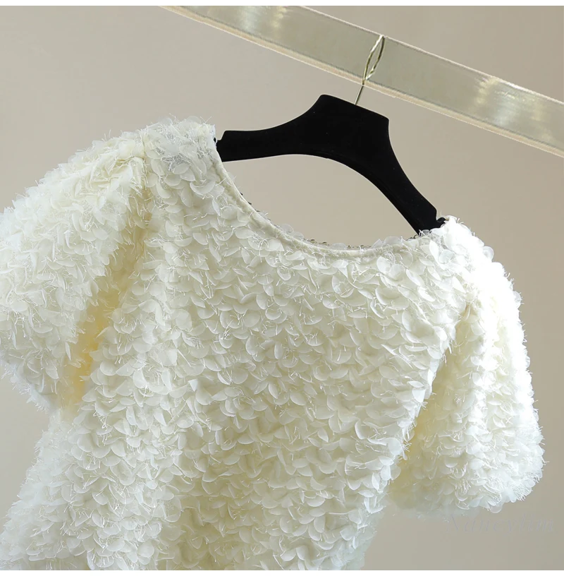 Summer Petal Tassel Blouse Women's Korean Style Round-Neck High Waist Short Solid Color Puff Sleeve Petal Top 2024