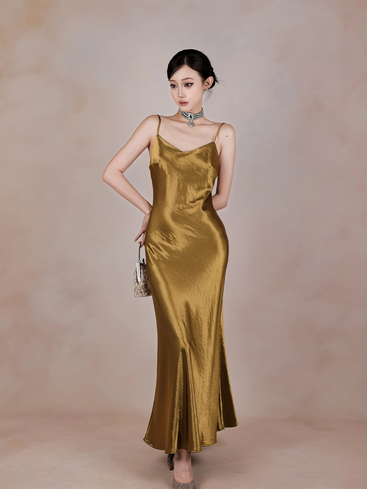 Ele Slaed Satin V-ne Belted Dr BYLU Luxury Sle Gown Simple Commute High Waist Long Ball Gown ForSpring Summer Au...