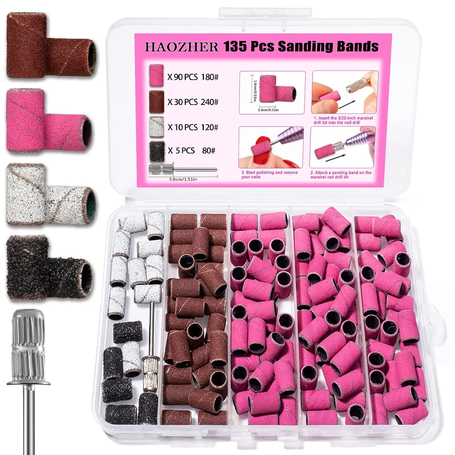 

135 Pcs Nail Drill Sanding Bands - Mix 80#120#180#240# Grit for Acrylic Gel Manicure Pedicure