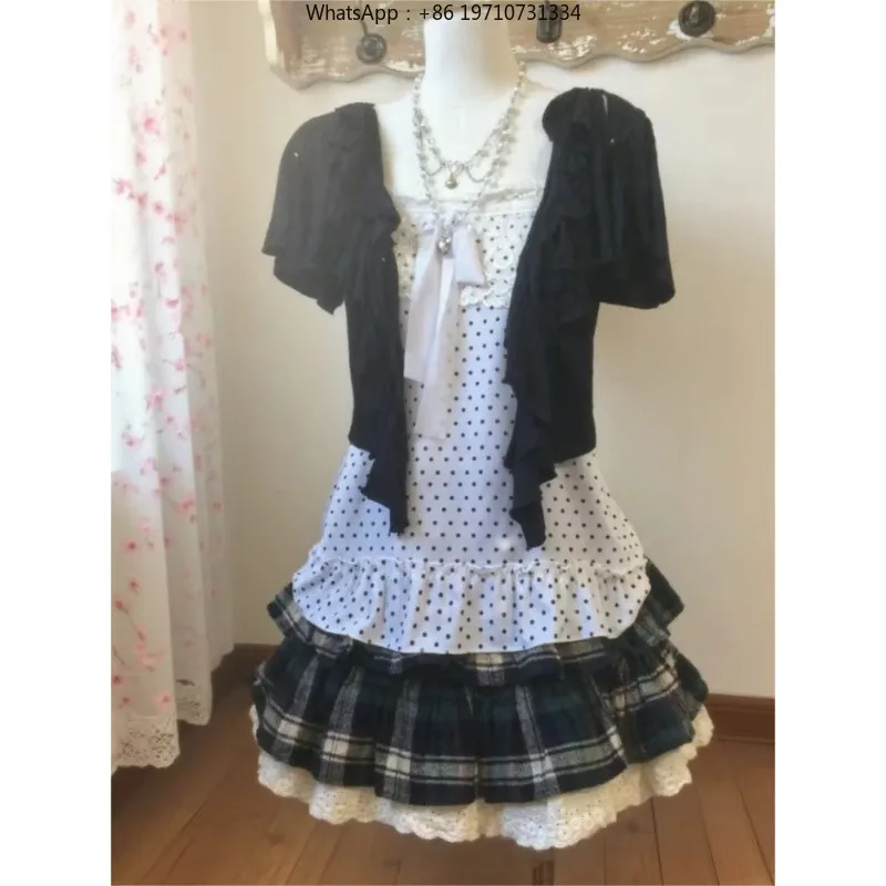 Women Hepburn Style 3 Piece Set Polka Dot Sling and Short Skirt Vintage Lace Outfit