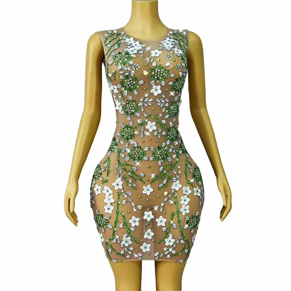 

Sexy Stage Elegant White Flowers Sparkly Rhinestones Nude Mesh Dress Women Cocktail Party Show Gown Perform Photoshoot Costume