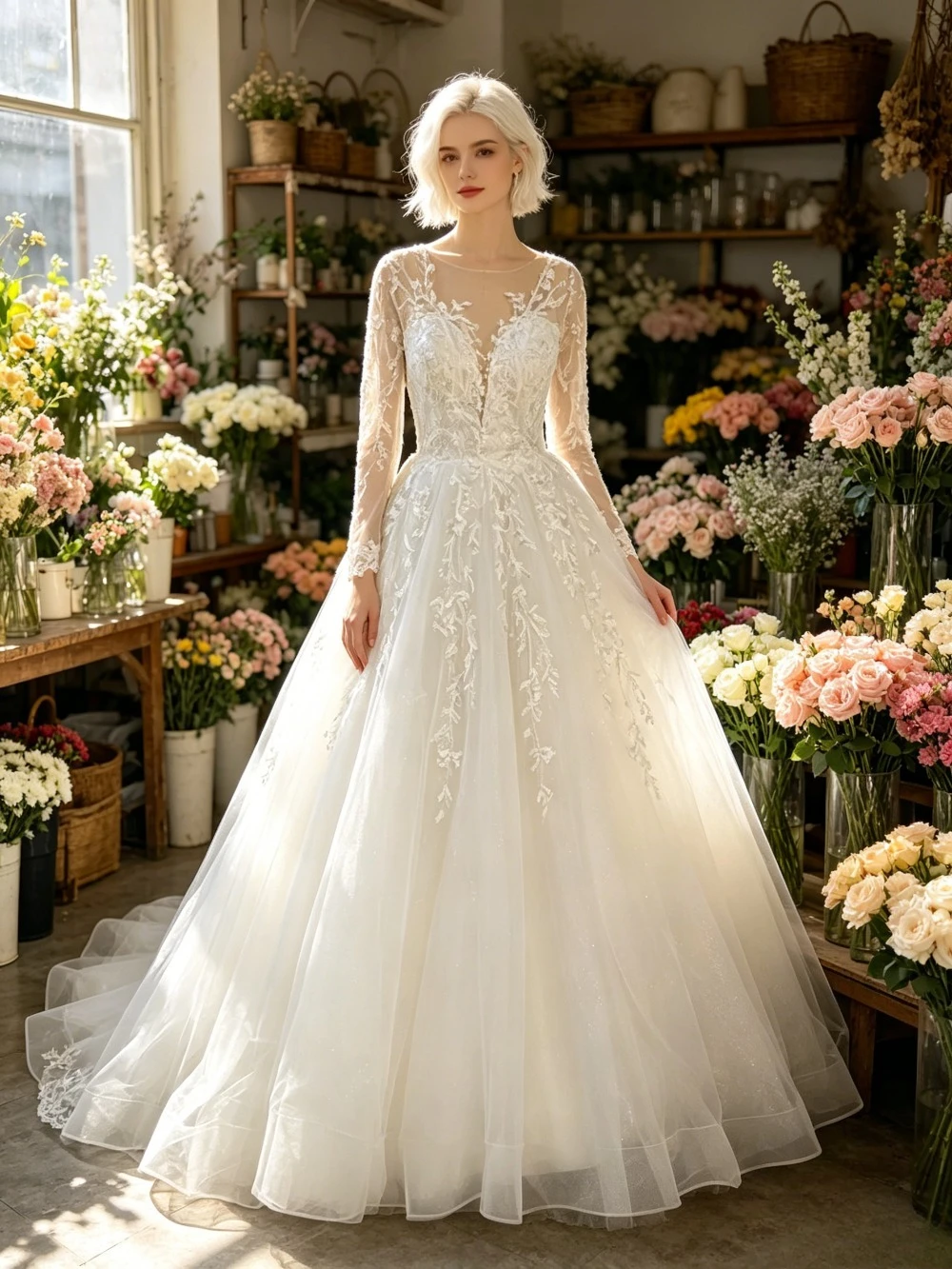 Customized Long Sleeved Lace Wedding Dresses 2026 White Style with Transparent Neckline V-shaped Backless Elegant Bridal Gown