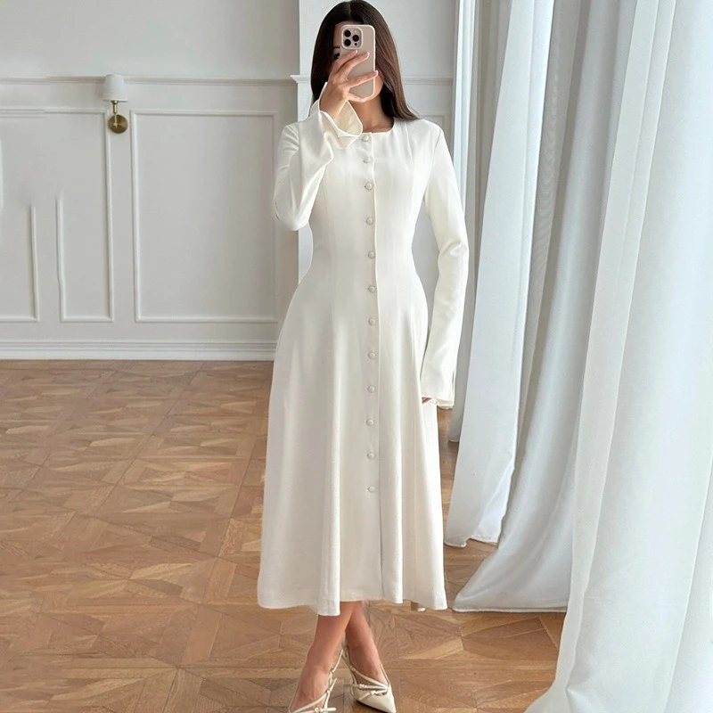 TARUXY Elegant Knitted Cardigan Dress Women's Fashion Button Slim Round Neck Solid Dress Autumn Versatile Party Commuting Outfit