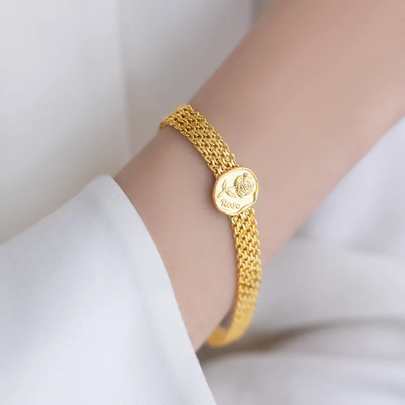 Light Luxury High-end Woven Little Prince Dial Bracelet 24k Gold Design Rose Wide Bracelet for Women Fine Jewelry