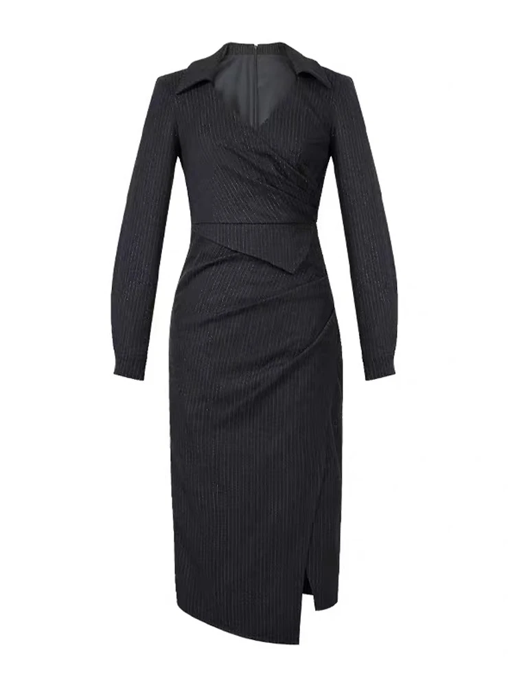 ชุดเดรสผู้หญิงสีดำลายทางแขนยาวทรงเข้ารูปแบบไม่สมมาตร ดีไซน์หรูหรา แฟชั่นวินเทจ เหมาะสำหรับงานทางการและใส่ลำลอง